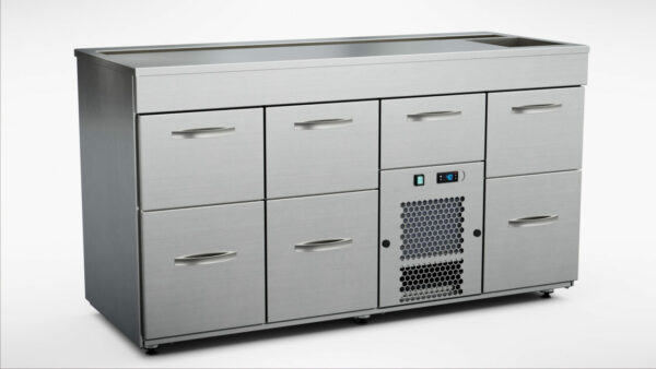 Barkylbänk 1600x650x900 mm, 7 draglådor