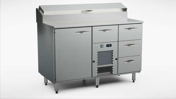 Kylbänk för bageri med kylränna 1330x710x900 mm, 1 dörr, 4 draglådor