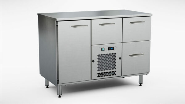Dryckeskylbänk för öl/vin 1200x650x900 mm, 1 dörr, 3 draglådor