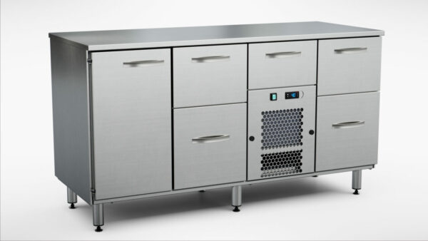 Dryckeskylbänk för öl/vin 1600x650x900 mm, 1 dörr, 5 draglådor