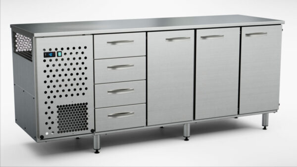 Kylbänk 2000x650x900 mm, 3 dörrar, 4 draglådor
