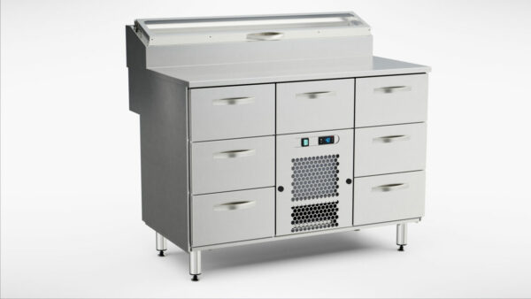 Pizzakylbänk med kylränna 1200x800x900 mm, 7 draglådor