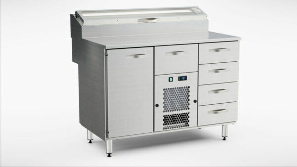 Pizzakylbänk med kylränna 1200x800x900 mm, 1 dörr, 5 draglådor