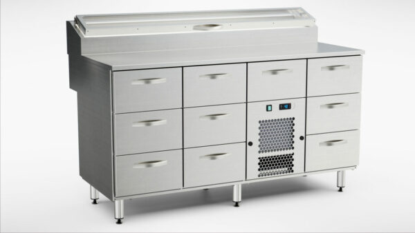 Pizzakylbänk med kylränna 1600x800x900 mm, 10 draglådor