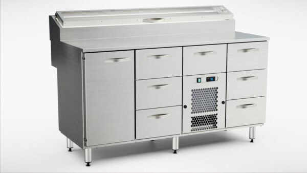 Pizzakylbänk med kylränna 1600x800x900 mm, 1 dörr, 7 draglådor