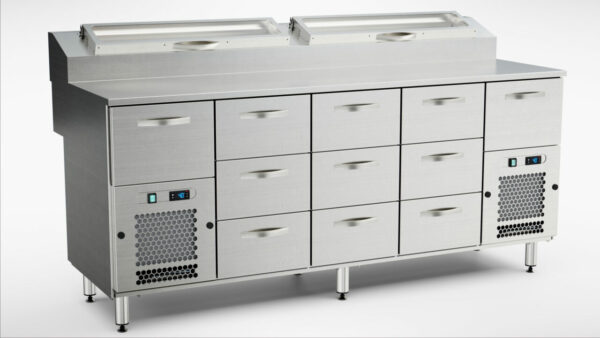 Pizzakylbänk med kylränna 2000x800x900 mm, 11 draglådor