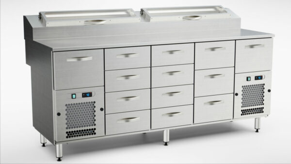 Pizzakylbänk med kylränna 2000x800x900 mm, 13 draglådor