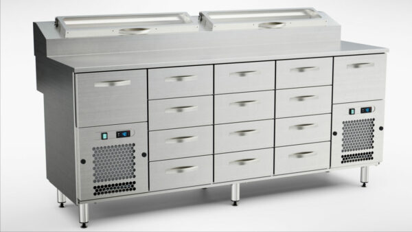 Pizzakylbänk med kylränna 2000x800x900 mm, 14 draglådor