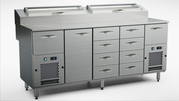 Pizzakylbänk med kylränna 2000x800x900 mm, 1 dörr, 10 draglådor