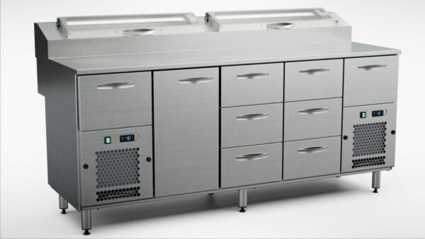 Pizzakylbänk med kylränna 2000x800x900 mm, 1 dörr, 8 draglådor