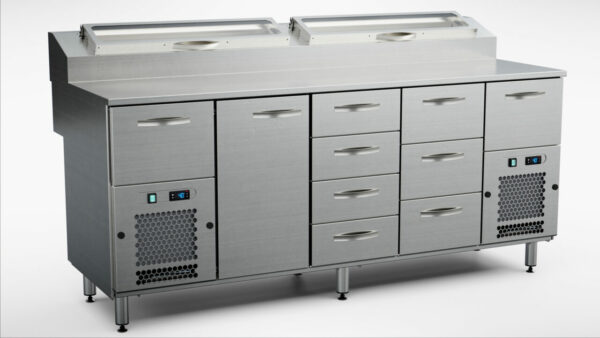 Pizzakylbänk med kylränna 2000x800x900 mm, 1 dörr, 9 draglådor