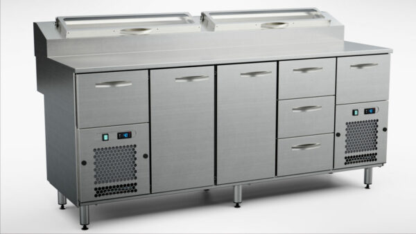 Pizzakylbänk med kylränna 2000x800x900 mm, 2 dörrar, 5 draglådor