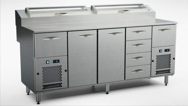 Pizzakylbänk med kylränna 2000x800x900 mm, 2 dörrar, 6 draglådor