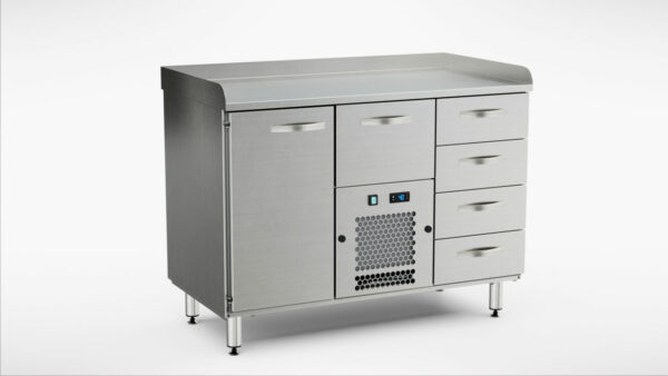 Pizzakylbänk utan kylränna 1200x650x900 mm, 1 dörr, 5 draglådor