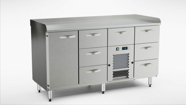 Pizzakylbänk utan kylränna 1600x650x900 mm, 1 dörr, 7 draglådor