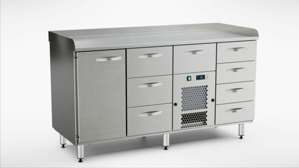 Pizzakylbänk utan kylränna 1600x650x900 mm, 1 dörr, 8 draglådor