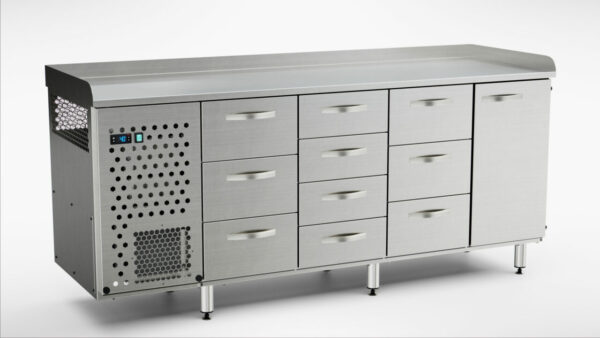 Pizzakylbänk utan kylränna 2000x650x900 mm, 1 dörr, 10 draglådor