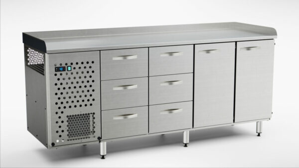 Pizzakylbänk utan kylränna 2000x650x900 mm, 2 dörrar, 6 draglådor
