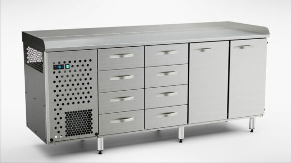 Pizzakylbänk utan kylränna 2000x650x900 mm, 2 dörrar, 8 draglådor