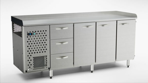 Pizzakylbänk utan kylränna 2000x650x900 mm, 3 dörrar, 3 draglådor